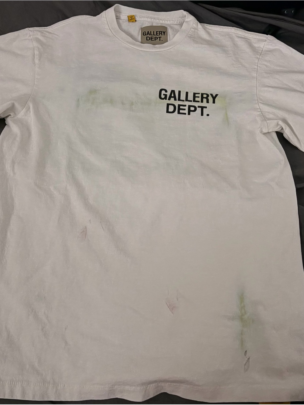 Gallery Dept White Tee with Black Logo & Green Stain Accents